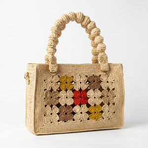 Sac fourre-tout bohème en raphia pour femme, motif floral ajouré, deux poignées, fermeture éclair, écologique, tendance, usage quotidien - Product Image 2