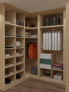Système de dressing en L en bois clair avec étagères ouvertes multi-niveaux, tringles de suspension et tiroirs – Organisateur de chambre - Product Image 2