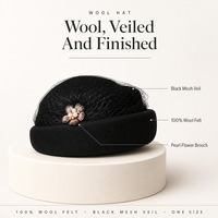 Topi Pillbox Elegan dari Wol Felt dengan Kerudung Model Sangkar Burung dan Bros Bunga Mutiara, Topi Vintage untuk Acara Formal, Grosir, Mode Kustom