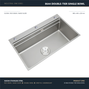 Fregadero de Cocina de Una Sola Cubeta Tipo Estación de Trabajo 860x445mm de Acero Inoxidable 304 con Nano Plata y Diseño de Grano de Arroz de Doble Nivel, Incluye Grifo - Product Image 1