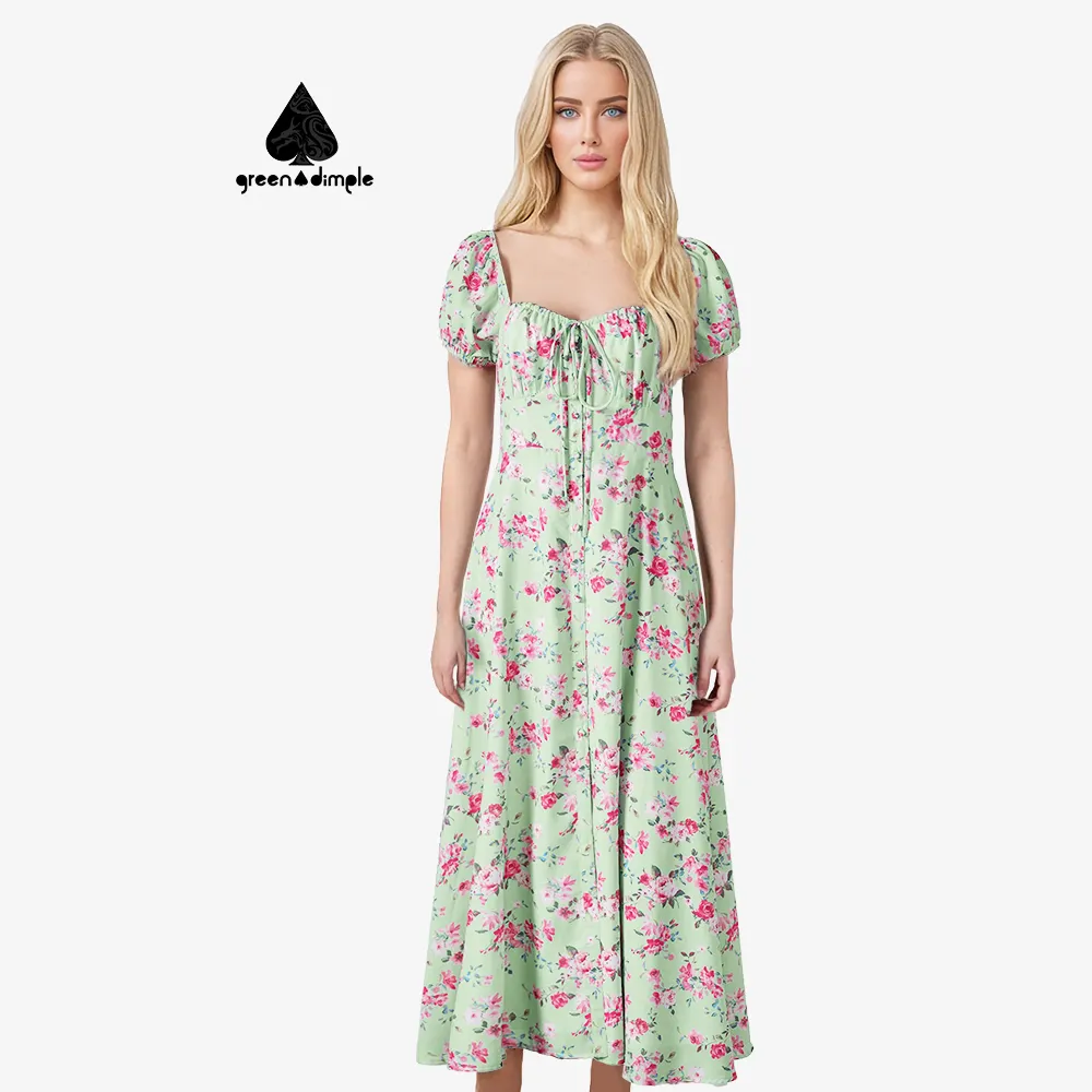 Green Dimple 2024 Polynesian Women's Clothing Maxi Cotton Long Summer Party 1 Pice Neon Green Causal Dresses