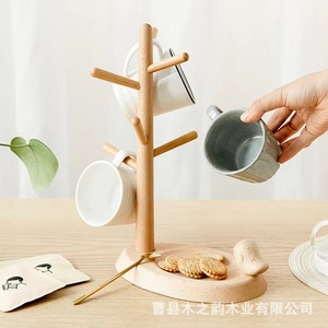 Wooden Cup Holder Beech Wood 4 Layers With Tray Hanging Storage Rack For Kitchen <b>Teacup</b> Drainer Oval Shape Natural Color - Product Image 1