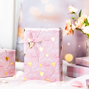<b>Pink</b> Love Wrapping Paper Roll Gold Foil Hearts Love Lettering Reversible Gift <b>Wrap</b> with <b>Pink</b> and White Checkerboard Background - Product Image 1