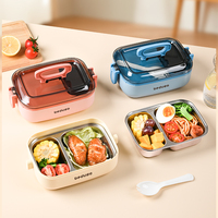 Boîte à lunch bento en acier inoxydable, très vendue, compatible micro-ondes, réutilisable, sans BPA, avec couvercle en plastique, double compartiment, anti-fuite
