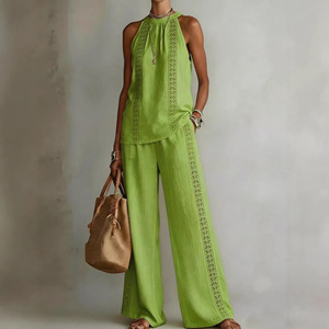 Conjunto de Dos Piezas para <span class=keywords><strong>Mujer</strong></span>, Estilo Retro Europeo y Americano, Top sin Mangas con Encaje Calado y Pantalones Anchos Cómodos - Product Image 1