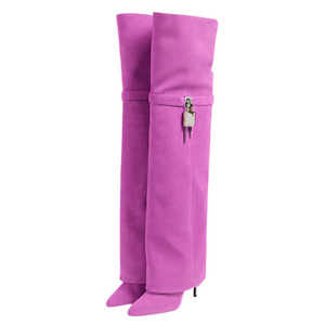 Botas de tacón alto de aguja para mujer, de gamuza, con cierre de tiburón metálico, plegables por encima de la rodilla, con punta, en colores personalizados - Product Image 5