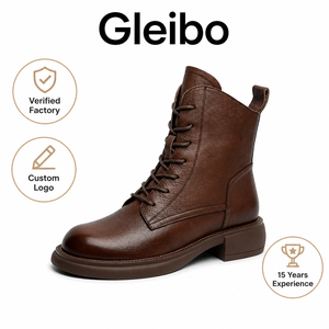 Bottes <span class=keywords><strong>Martin</strong></span> pour femmes, bottines à lacets en cuir véritable, bout rond, talon carré, couleur unie, avec tirette arrière, OEM ODM Vente en gros - Product Image 1