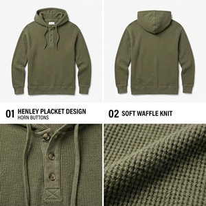 Sweat-shirt à capuche Henley boutonné pour homme, personnalisable, vierge, décontracté, coupe ample, vert olive, délavé soleil et à l'acide, en maille gaufrée douce - Product Image 3