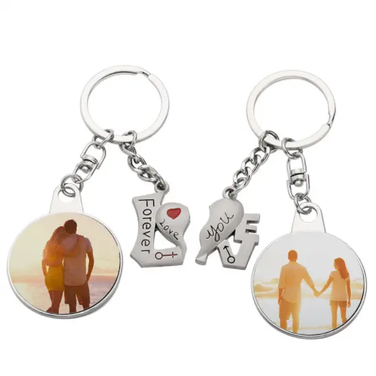 Custom Logo Heat Press Printing Metal Two Heart Love Sublimation Lovers Gift Couple Keyring Keychain