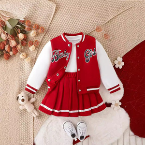 Prezzo di fabbrica 2025 elegante autunno bambino manica lunga ragazza giacca vestito abbigliamento Set lettera giacca + gonna plissettata <span class=keywords><strong>2</strong></span> pezzi - Product Image 1