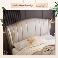 Luxuriöses Polsterbett mit Flügelkopfteil, Oberseite aus Leder, Cremeweiß, Moderne Schlafzimmermöbel, Nachttisch, Holzrahmen