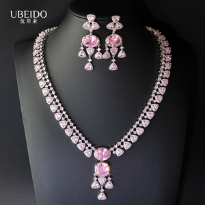Parure de haute joaillerie audacieuse avec zircone <span class=keywords><strong>rose</strong></span> taille <span class=keywords><strong>coussin</strong></span>, collier double rang et boucles d'oreilles chandelier, bijoux de mariée - Product Image 1