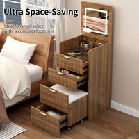 Commode à 3 tiroirs en noyer avec miroir LED relevable et tabouret roulant pour chambre à coucher, poste de maquillage et coiffeuse
