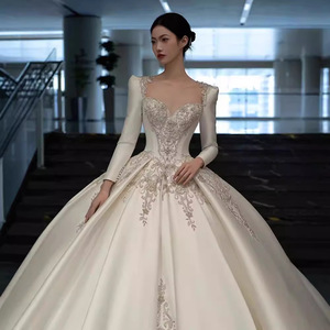 Satin Wedding Dress Ball Gown Sweetheart Neckline Long Sleeves Princess Waistline Vintage Style <b>Floor</b> Length - Product Image 4