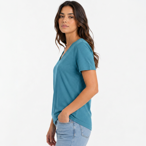Camiseta de Manga Corta con Cuello en V para Mujer, Color Sólido, Corte Regular, Jersey de Poliéster/Algodón, Transpirable, Ropa Casual de Verano, 220g - Product Image 3