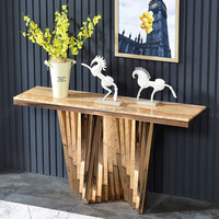 Table console de style européen, base dorée brillante de luxe, table d'angle de couloir, table d'entrée de salon, table d'entrée d'hôtel avec plateau en marbre
