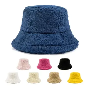 หมวกบัคเก็ตขนปุยสำหรับผู้ชาย,หมวกขนแคชเมียร์ผ้ากำมะหยี่สีชมพูทรงถังมีขนปุยสีขาว