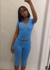 Custom <strong>Rhinestone</strong> Logo Women Short Sleeve with Foldover Capri Legging Set Crop Top <strong>Jacket</strong> Women's Summer 2 Piece Short Sets - Product Image 3