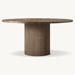 Mesa de Comedor Redonda de Roble Premium con Tapa de Mármol, Pedestal Cilíndrico Acanalado Moderno y Minimalista, Mesa de Banquete Artesanal para Hotel y Villa - Product Image 3