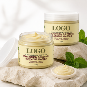 Masque capillaire traitant fortifiant et réparateur au beurre de karité et à la menthe poivrée, avec logo personnalisé, 12 oz - Product Image 1