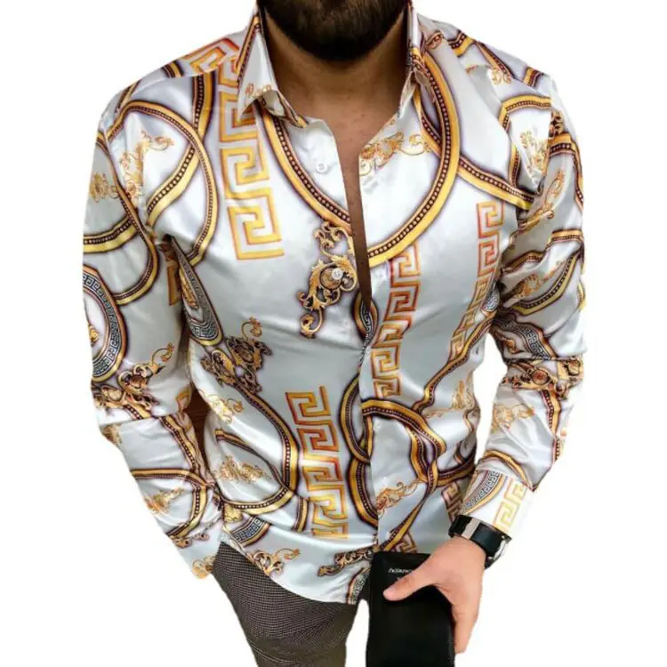 New Punk Style Mens Silk Satin Digital Printing Shirts Male Slim Fit Long Sleeve Flower Print Casual Party Shirt