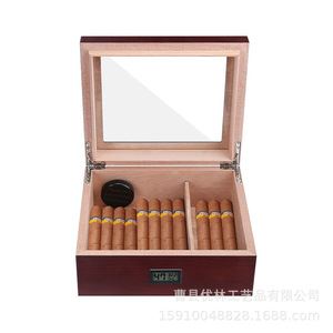 Humidor de madera maciza para puros con tapa de cristal e higrómetro digital, caja de almacenamiento rectangular de cedro, superficie lacada a prueba de humedad - Product Image 4