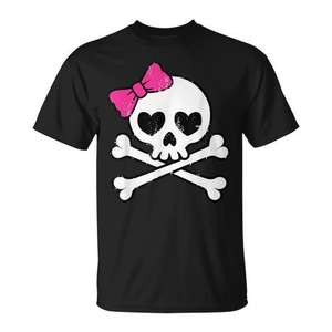 T-shirt rose mignon avec motif de crâne et os croisés, design fille avec nœud, noir, unisexe, taille M - Product Image 1