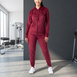 Women's Burgundy Full Zip Hoodie <b>Tracksuit</b> With Side Pockets Casual Autumn Wear Breathable Polyester Sweatshirt And Pants Set - Product Image 2