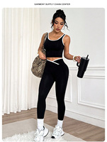 Ensemble de sport transfrontalier sans couture style européen et américain en Spandex/Nylon uni, comprenant un débardeur, un pantalon long et une brassière de sport pour femme, effet push-up fessier
