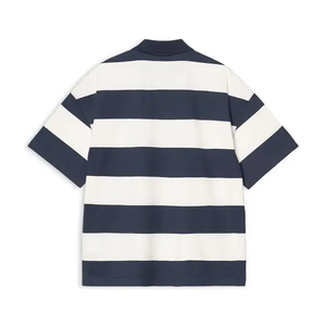 Polo de punto de algodón de manga corta holgado estilo streetwear con bloques de color azul marino y blanco para hombre, camisa polo a rayas oversize al por mayor - Product Image 2