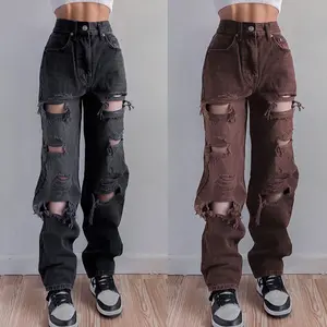 2022 modelli esplosivi Streetwear pantaloni Vintage in Denim femminile Jeans strappati larghi a vita alta da donna