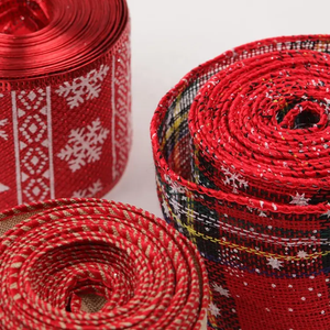Luxe Custom Jute Bedrade Rand Streep Geruit Rode Kerst Lint Rollen Voor Geschenkverpakking - Product Image 3