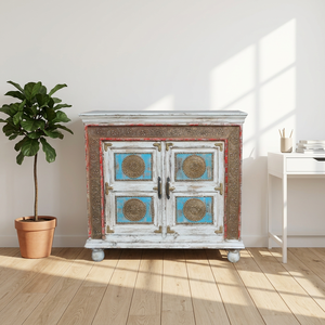 <b>Vintage</b> Reclaimed Wood Distressed White Washed Living Room Cabinet Brass Floral Work Storage Cupboard Handmade Hotel Farmhouse - Product Image 4