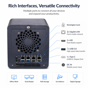 NAS 4 baies entièrement personnalisable, routeur avancé, mini serveur, PC de bureau barebone, CPU Celeron I5-10210U, 2x SSD, 4x HDD, 4x LAN - Product Image 4