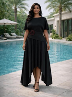 Ensemble deux pièces pour femme en 100 % polyester à ourlet asymétrique - Col ras du cou, taille ornée de roses 3D et jupe fluide