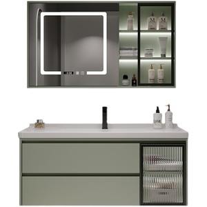 Modern cream white bathroom cabinet <b>set</b> with colorful drawer pulls led mirror storage unit factory direct - Product Image 6