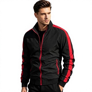 Chaqueta Bomber Deportiva para Hombre, Cuello Alto, Cierre de Cremallera, Diseño Geométrico en Rojo y Negro, Corte Ajustado, Transpirable, para Otoño - Product Image 1