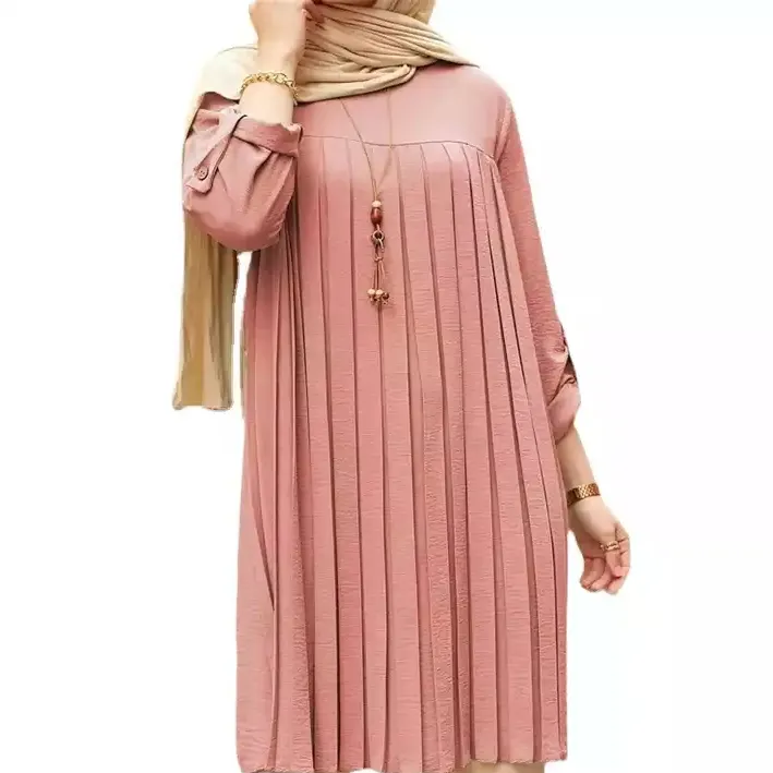 custom lady summer long sleeve pleated ramadan eid djellaba femme dubai turkey abaya casual long tops tunic women muslim blouse