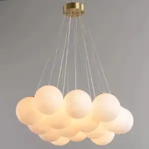 Lustre de luxo moderno para sala de jantar, bola de 13L D120mm, luzes pendentes em alabastro natural e mármore com luminária em latão