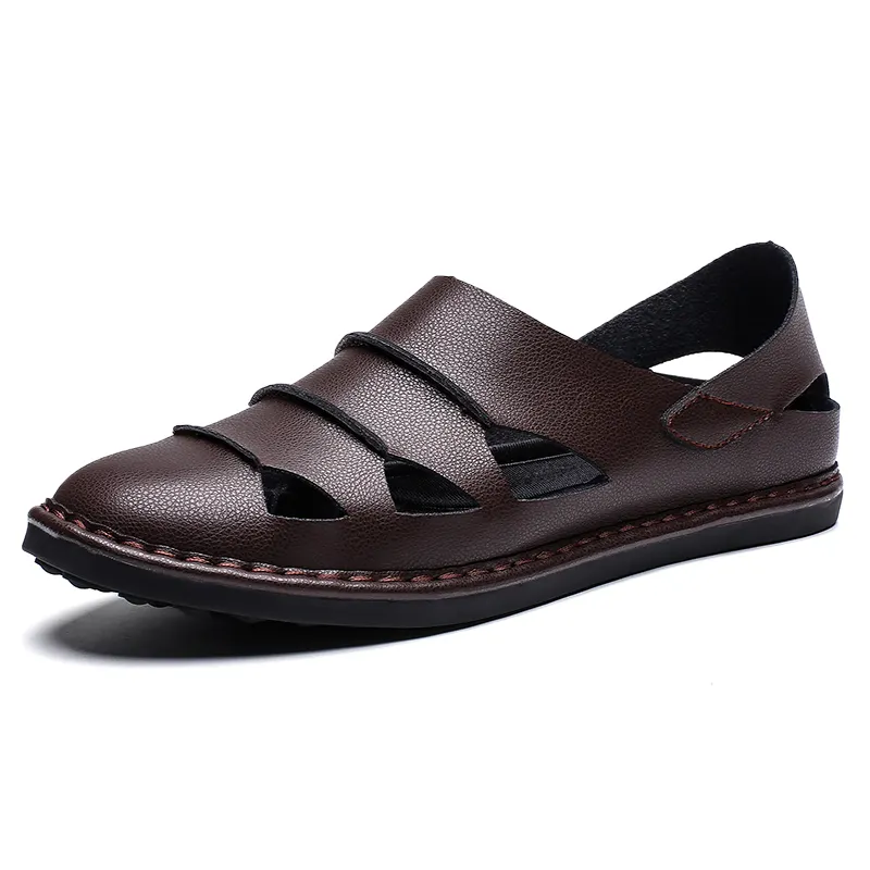 Wholesale Men Closed Toe Breathable Leather Shoe Male OEM/ODM Side Hole Summer Sandals