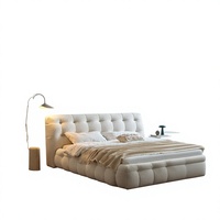 Lit double moderne français en tissu rembourré crème avec cadre en bois, meubles de chambre principale sur mesure, garantie de 3 ans