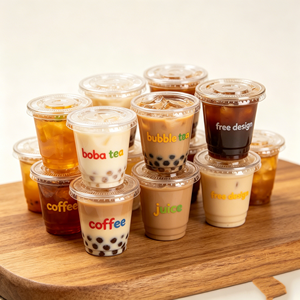 Gobelets à café glacé en plastique PET transparents personnalisés de 9 oz, à fond rond, en forme de U, avec couvercles sans paille pour boissons froides - Product Image 1
