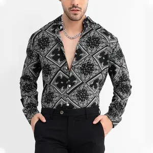 2024 última moda camisa con estampado de Mandale para hombres algodón mercerizado estampado 3D Bandana estampado manga larga camisas transpirables