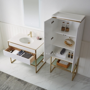 VAMA-mueble <span class=keywords><strong>de</strong></span> baño <span class=keywords><strong>de</strong></span> cuarzo blanco brillante para hotel, mueble <span class=keywords><strong>con</strong></span> estante <span class=keywords><strong>de</strong></span> vidrio y base <span class=keywords><strong>de</strong></span> metal ss dorado, 40 pulgadas - Product Image 3