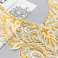 Applique de col en tulle brodé de perles dorées pour la décoration de vêtements, garniture de col de luxe pour Abaya, robe musulmane