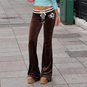Retro Casual Breathable <b>Ladies</b> <b>Velvet</b> Straight Pants White Floral Embroidery Contrast Trim Drawstring Low Rise Flare <b>Trousers</b> - Product Image 1