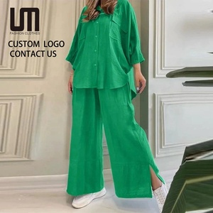 Ensemble deux pièces printemps 2026 pour femme : pantalon large et chemise assortie, idéal pour un <span class=keywords><strong>style</strong></span> décontracté, couleur unie tendance - Product Image 1