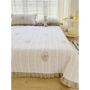 Pure Cotton Bed Sheet Set 3 Pcs Stripes Breathable Home <b>Bedding</b> With Skirt Tatami Style All Season Use - Product Image 1