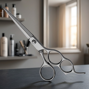 Ciseaux de coiffure professionnels en acier au carbone, lames à pointe arrondie, manche long en acier inoxydable, pour droitiers, 3 anneaux, crochet fixe - Product Image 1