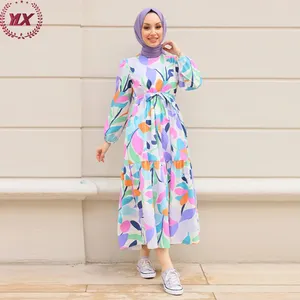 Crew Neck Women Muslim Casual Summer Muslimah Islamic Floral Silk Coffin Gamis Indonesia Hijab Dresses Abaya Dress